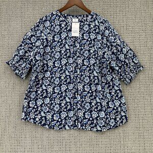 Croft & Barrow Blouse Women's  XL Blue White Floral Button Down Short Sleeve